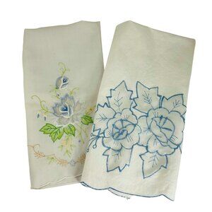 Lot 2 Vintage Linens Embroidered Tea Towels White Floral Design u